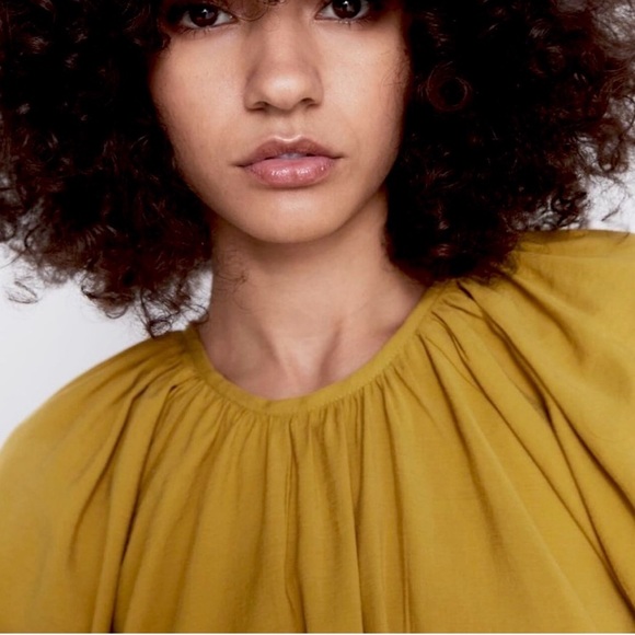 Zara Yellow Puff Sleeve Babydoll Mini Dress Ruched Waist NWT Size M - Picture 6 of 9